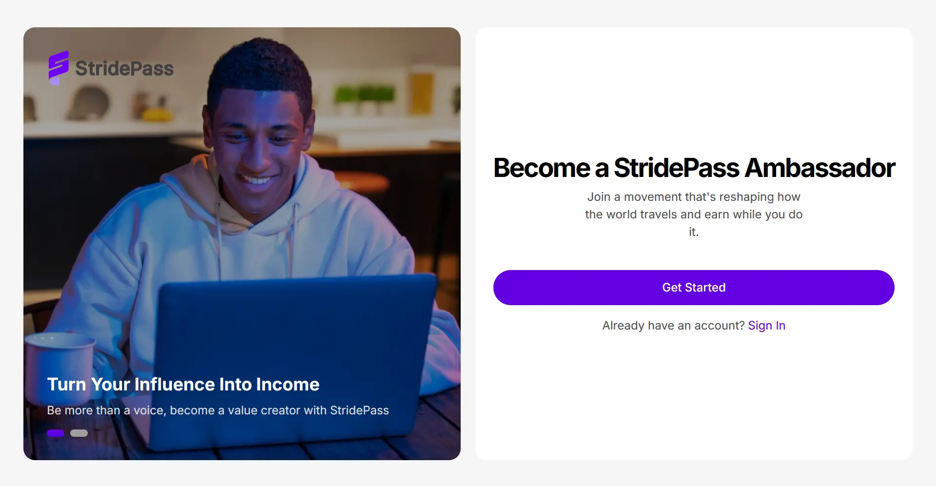 stridepass dashboard authentication page